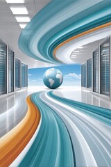 Obraz premium Futuristic data center with circular ring light and glowing blue and orange light trails