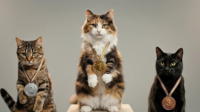 Cats of different colors and breeds, awarded with medals, on the podium, symbolize universal love