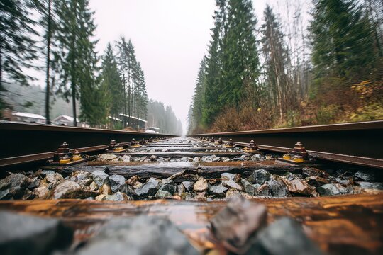 Eye Level Shot of Railway Tracks with Stones and Green Spruce Trees in Bokeh During Cloudy Winter Day