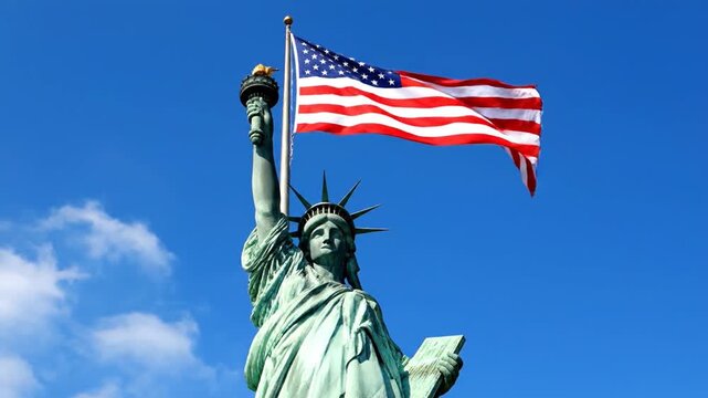 The Statue of Liberty holding a torch high with the USA flag waving against a clear blue sky