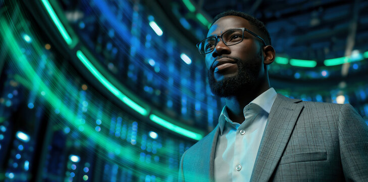 African American IT Professional Standing in High Tech Server Room Center
