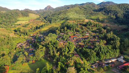 Aerial view from drone of the rural village in the mountains