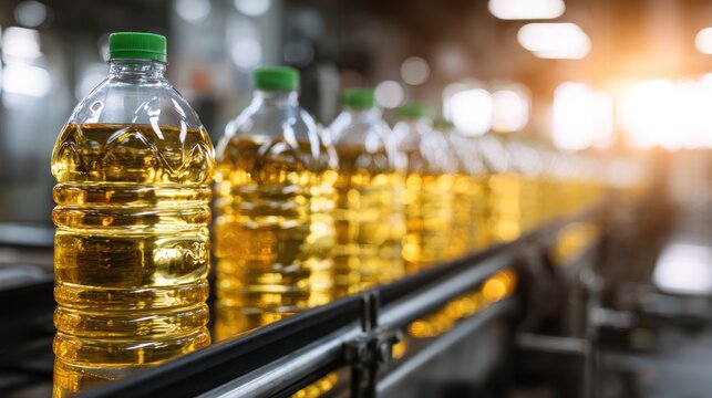Production line of transparent plastic bottles filled with golden cooking oil. Bottles move on conveyor