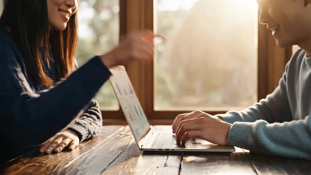 Two people sitting at a wooden table working on laptops by a window with trees outside 4k video