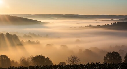 Obraz premium Breathtaking aerial view of rolling hills shrouded in golden morning mist, with sun rays breaking through.