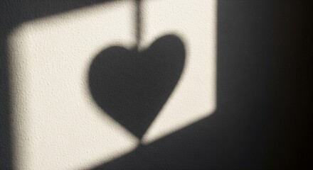 Heart-shaped shadow cast on a textured wall by sunlight streaming through a window, symbolizing love and warmth.
