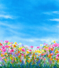 秋の空とコスモスの丘の風景