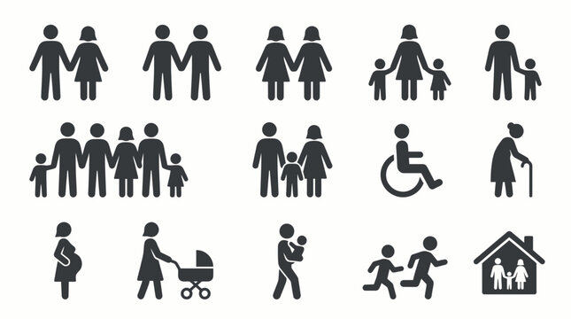 Diverse vector icons showing family relationships, pregnancy, aging and disability demographics, concept for demographic studies, social reports and public signage