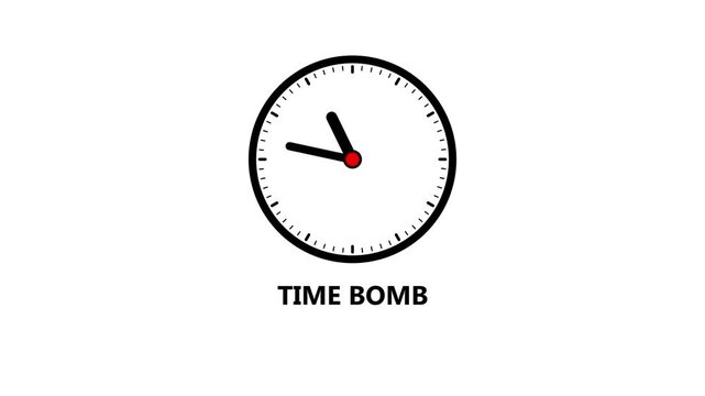 Black clock face with text TIME BOMB on white background time bomb
