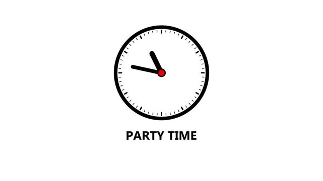 A black clock face with the words Party Time written around the dial on a white background Keywords: clock, time, party, celebration, fun, event, gathering, social, occasion, happy, joy, festive