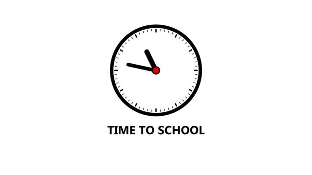 A black clock face displaying the words Time To School around the dial on a white background Keywords: clock, time, school, education, learning, students, children, back to school, academic