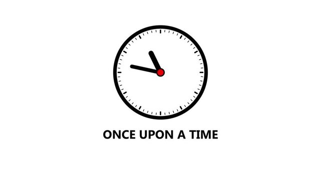 A black clock face with the words Once Upon A Time written around the dial on a white background Keywords: clock, time, once upon a time, story, fairytale, beginning, narrative, concept, fantasy