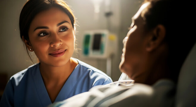 A compassionate nurse in scrubs is comforting a patient in a hospital bed