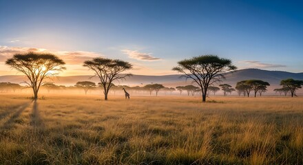 Serene Savannah Landscape with Acacia Trees at Sunset