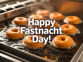Donuts being fried in hot oil with happy fasnacht day text overlay on metal tray