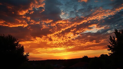 Dramatic sunset sky with vibrant orange and gold clouds over a silhouetted landscape