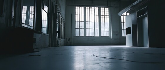 Empty industrial space with large windows
