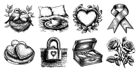 Romantic vintage illustration set for wedding and valentines day featuring hearts birds and roses in engraving style