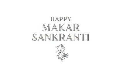 Happy Makar Sankranti text with line art kite and thread spool illustration, for banner or greeting card isolated PNG with Transparent Background
