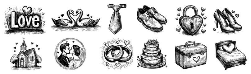 Hand drawn vintage wedding and honeymoon collection featuring bride groom and swans in engraving style © Kaz