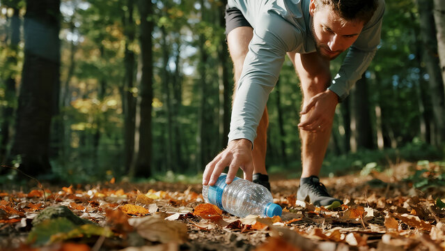 Runner picking up trash in forest, plogging eco sport