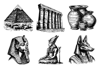 Ancient Egypt historical collection featuring pyramids pharaoh and gods in engraving style