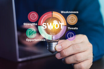 SWOT Analysis Concept with Light Bulb and Business Strategy Icons on Digital Screen