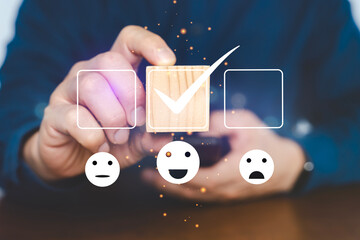 Customer Satisfaction Survey with Checkmark and Emoji Rating on Smartphone