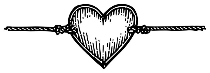 Vintage hand drawn heart tied with knotted rope in engraving style © Kaz