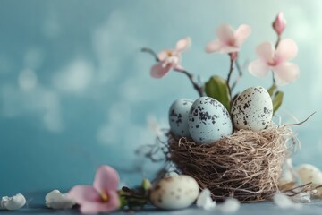 Delicate speckled eggs nestled in a bird s nest surrounded by soft pink blossoms against a serene blue backdrop Soft
