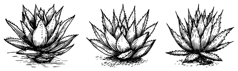 Set of three hand drawn agave or aloe succulent plants sketches