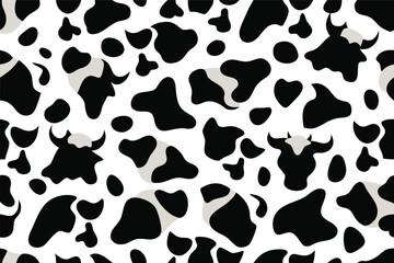 Fototapeta premium Seamless pattern of black and white cow spots with bull silhouettes