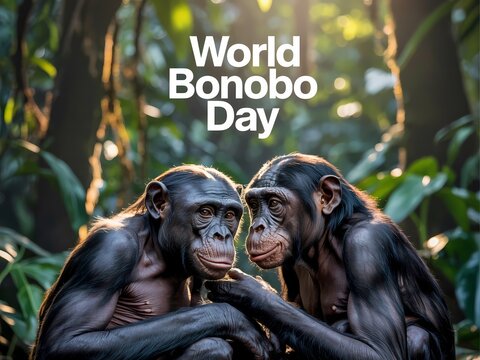 Two bonobos sitting together in a forest on world bonobo day with green leaves around them