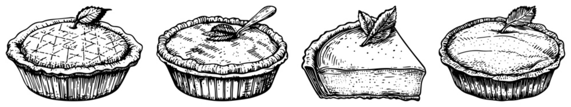 Hand drawn sweet dessert pie and cake collection in vintage engraving style