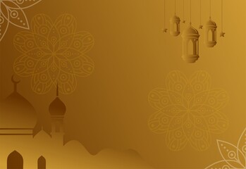 Luxury Golden Islamic Background with Mosque Silhouette, Lanterns, and Mandala Patterns for Ramadan or Eid Mubarak