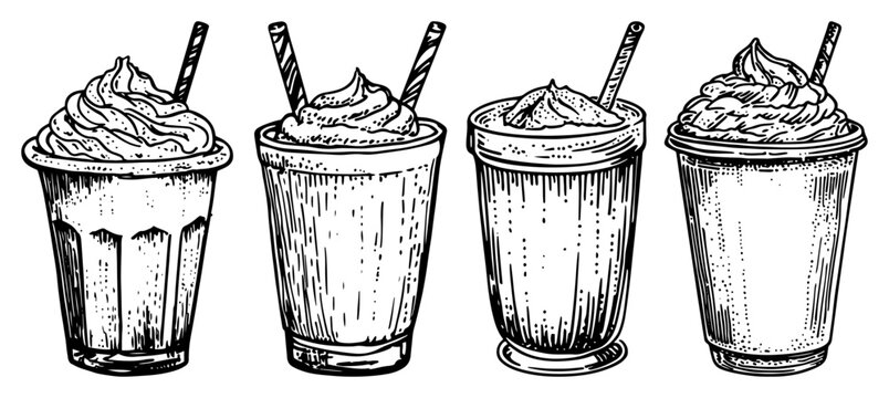 Set of sweet milkshake drinks with whipped cream and straws in sketch style