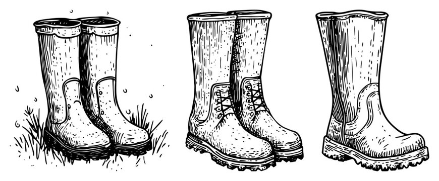 Sketches of rubber rain boots and gardening shoes standing in grass