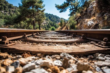 Rustic Railroad Tracks Through Dense Green Forest Landscape with a Sunny Blue Sky Above on a Bright Day in Nature with Ground Level Perspective