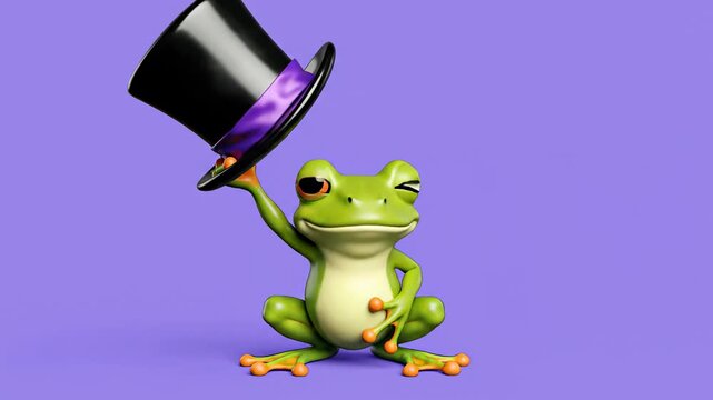 Playful frog wearing magician hat on purple background.