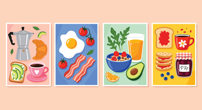 Breakfast food poster set with coffee croissant eggs bacon avocado toast juice and jam in flat vector illustration for cafe menu design