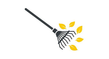 Rake with yellow leaves on white background