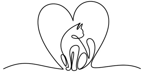 A minimalist one-line art illustration showing a cat figure sitting inside a heart outline Vector, illustration © Creative_Outline2019