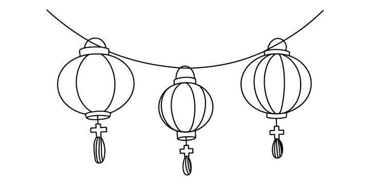 A simple black and white line art illustration of three traditional chinese lanterns hanging on a string Vector, illustration