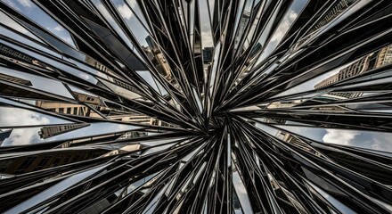 Obraz premium Abstract mirrored explosion reflecting city buildings and a cloudy sky