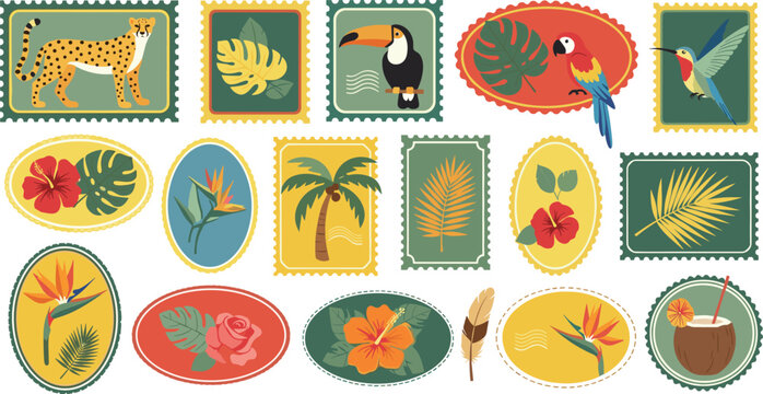 Colorful tropical postage stamp set with cheetah toucan parrot hummingbird palm leaves and exotic flowers flat vector illustration