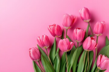 Obraz premium Delicate pink tulips on a soft pink background a beautiful spring bouquet perfect for Mother s Day or Valentine s Day