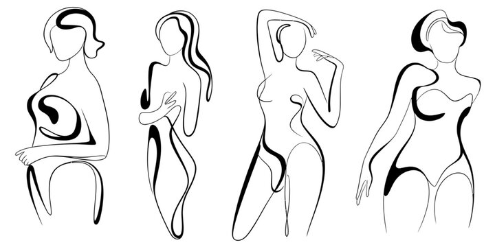 Minimalist black and white continuous line art set featuring diverse female body forms and poses Vector, illustration