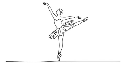 A continuous line drawing illustration of a graceful ballerina performing an elegant dance pose Vector, illustration © Creative_Outline2019