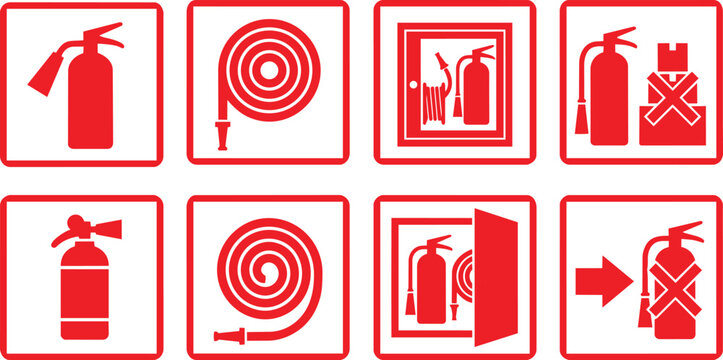 Vector fire safety icon set illustrating emergency equipment extinguishers, hose reels. Essential graphic tools for hazard prevention, compliance, and public safety awareness