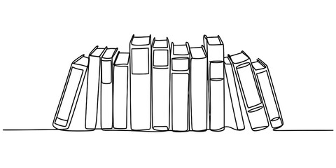 A minimalist single continuous line art drawing illustrating a collection of standing books Vector, illustration © Creative_Outline2019